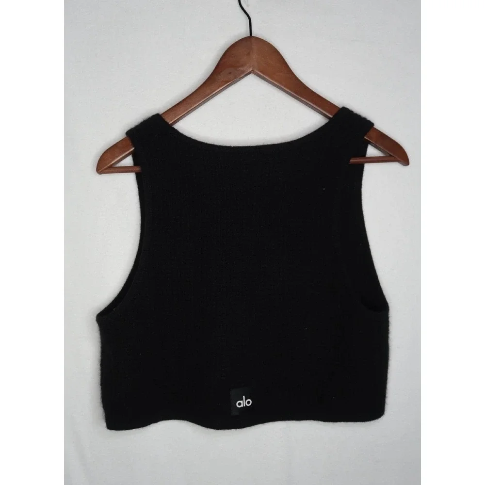 ALO Yoga Cashmere Plush Waffle Knit Cropped Top Black Sleeveless Women's Small